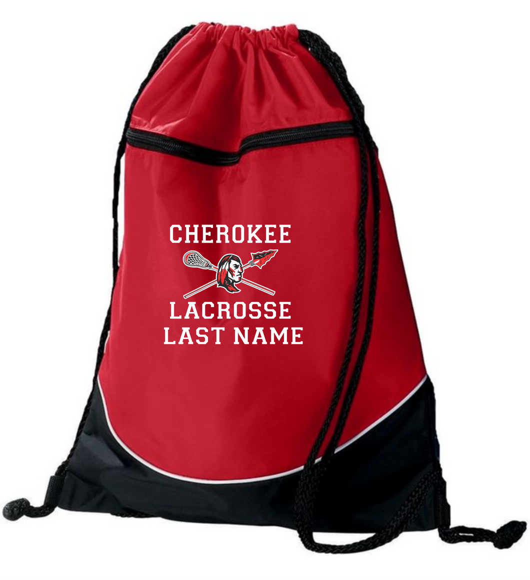 CHS-LAX-950-3 - Augusta Tri-Color Drawstring Backpack - Cherokee Warrior Lacrosse Logo & Personalized Name