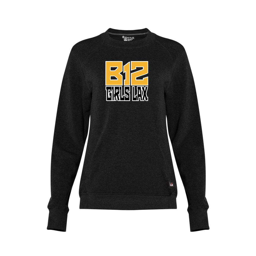 B12-LAX-298-4 - Badger Performance Fit Flex Women's Crew Sweatshirt - B12 Grils LAX Stack  Logo