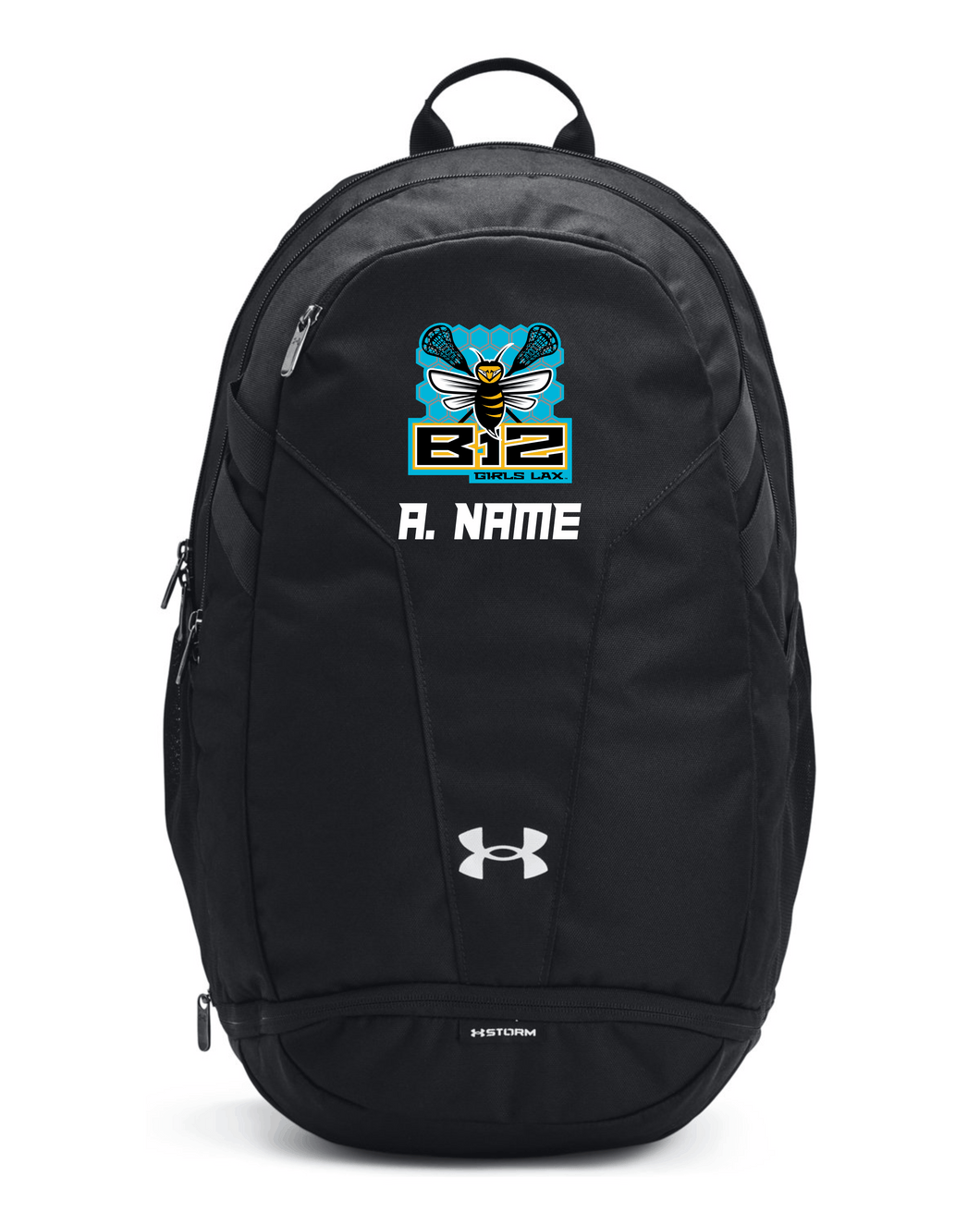 B12-LAX-976-1 - Under Armour Hustle 5.0 Team Backpack - B12 Girls LAX Bee Honeycomb Logo & Personalized Name